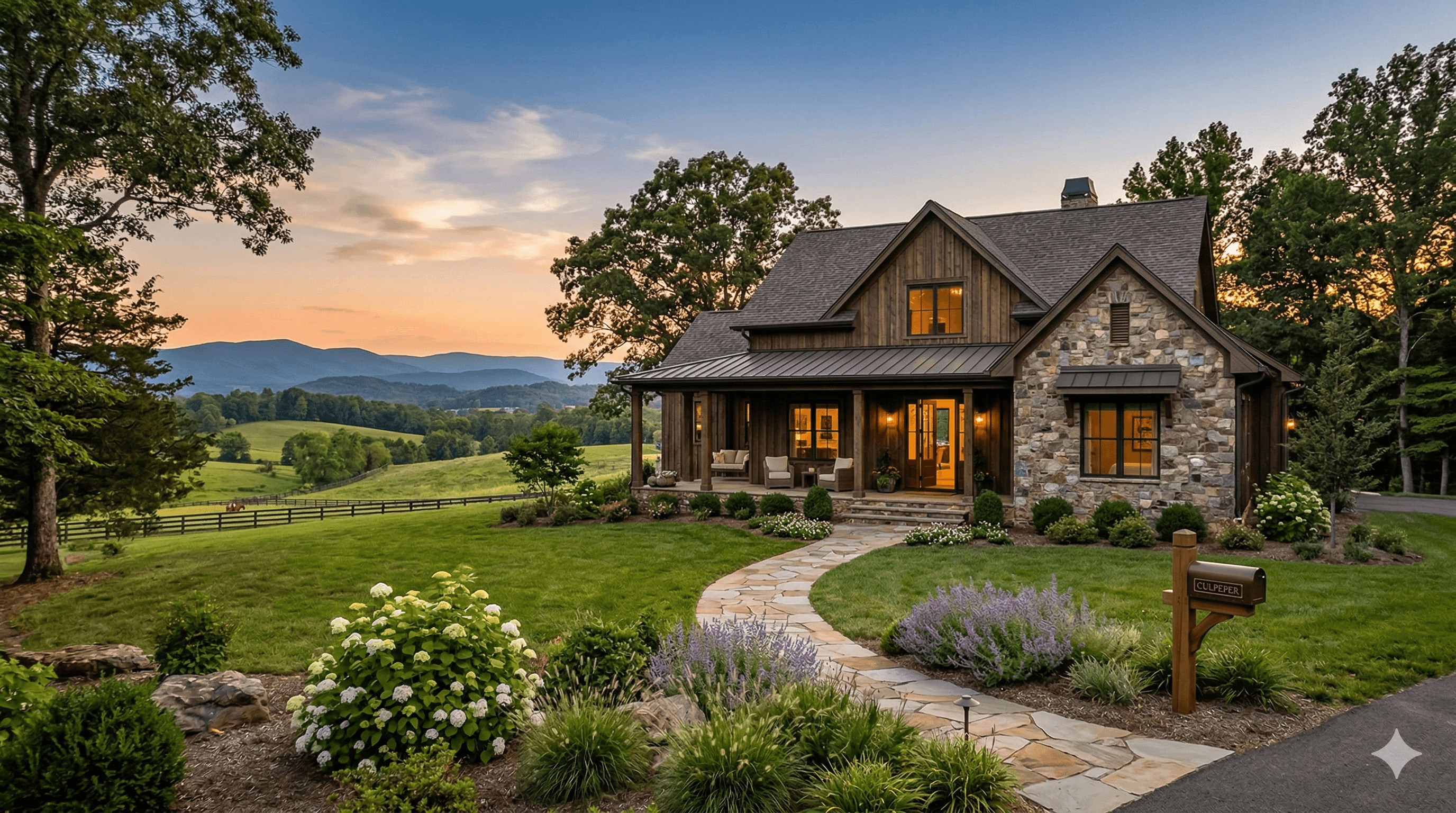 Custom home in Virginia's Piedmont at sunset